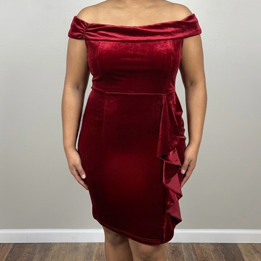 NWT KANCY KOLE Red Velvet Off Shoulder Ruffle Sheath Cocktail Party Dress Sz L